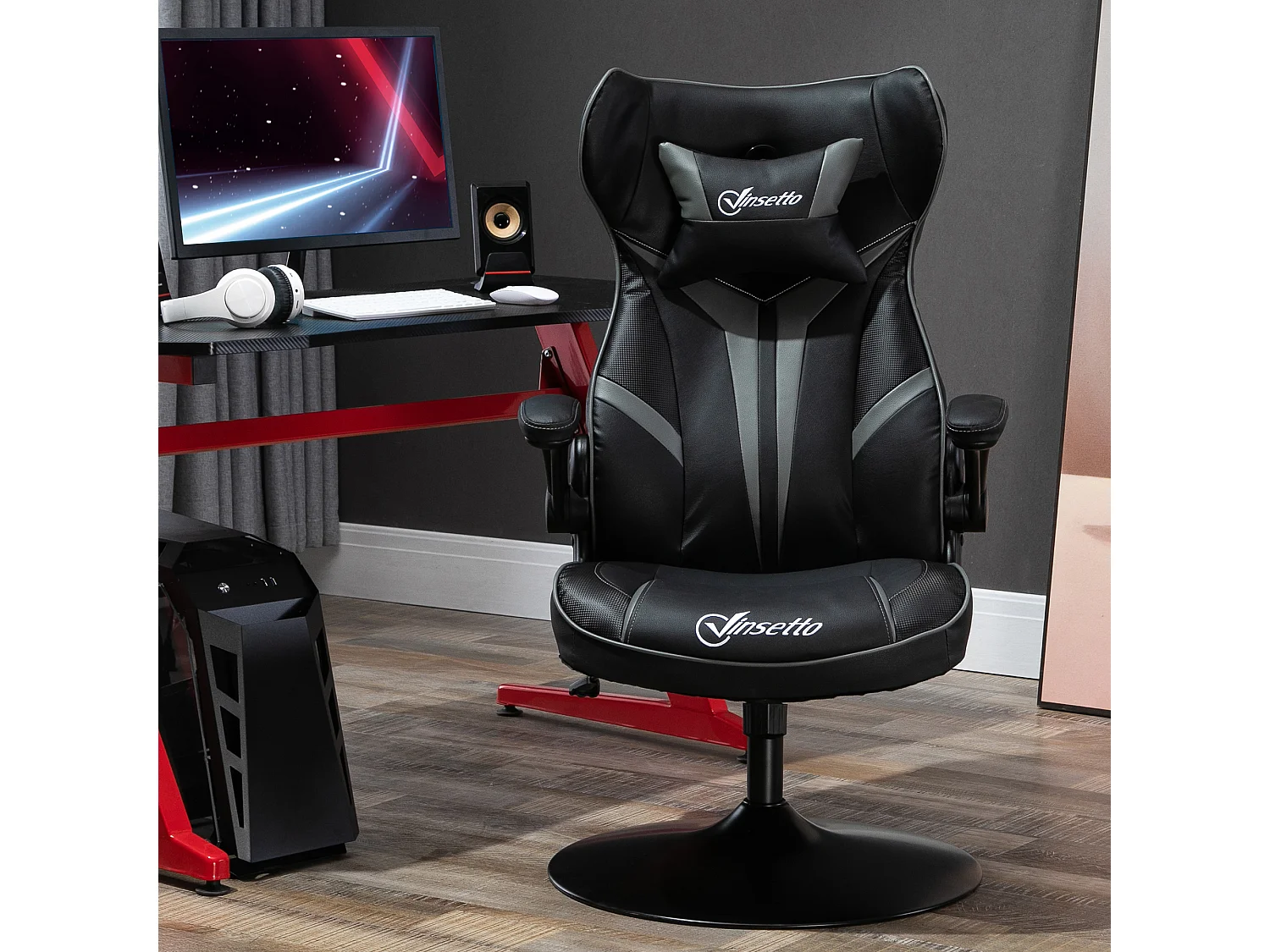 Fauteuil gaming base ronde métal pivotante 360° hauteur réglable tétière accoudoirs relevables PVC gris noir