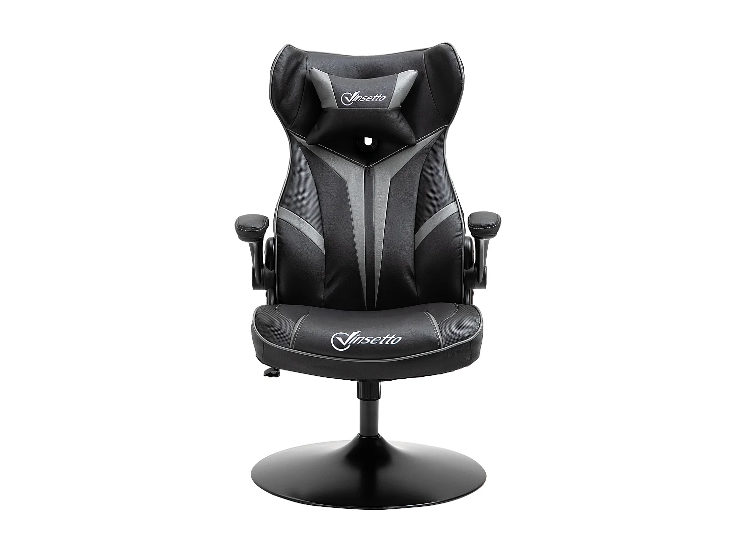 Fauteuil gaming base ronde métal pivotante 360° hauteur réglable tétière accoudoirs relevables PVC gris noir