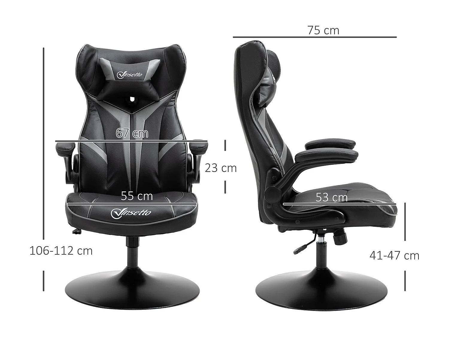 Fauteuil gaming base ronde métal pivotante 360° hauteur réglable tétière accoudoirs relevables PVC gris noir