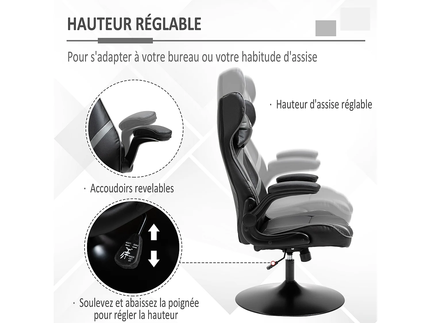 Fauteuil gaming base ronde métal pivotante 360° hauteur réglable tétière accoudoirs relevables PVC gris noir