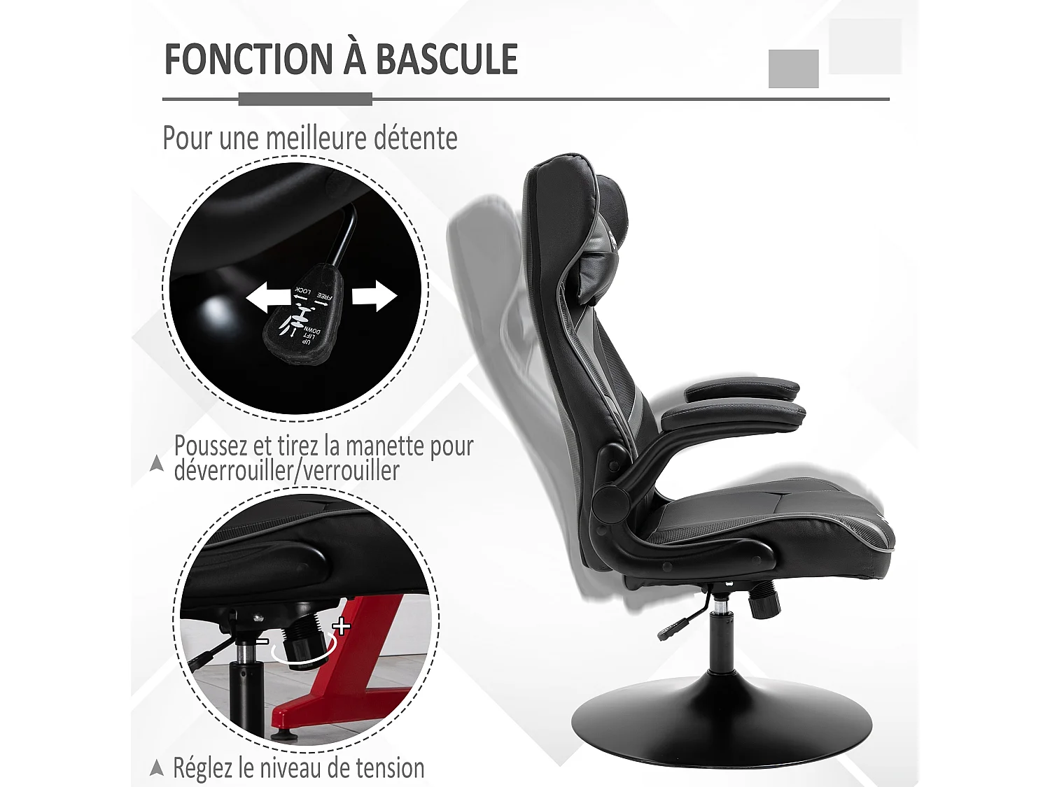 Fauteuil gaming base ronde métal pivotante 360° hauteur réglable tétière accoudoirs relevables PVC gris noir
