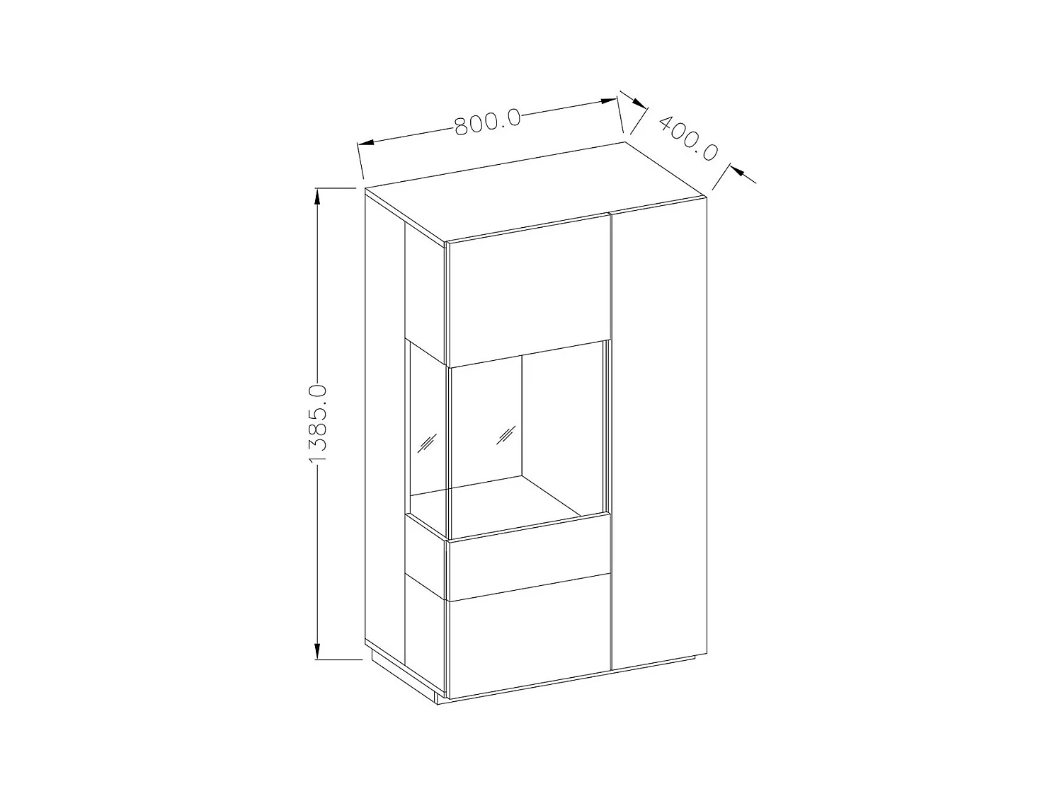 Buffet alto com LED da coleção KILES com duas portas. Cor branca e carvalho. Porta de vidro à esquerda.