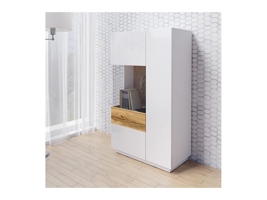 Buffet alto com LED da coleção KILES com duas portas. Cor branca e carvalho. Porta de vidro à esquerda.