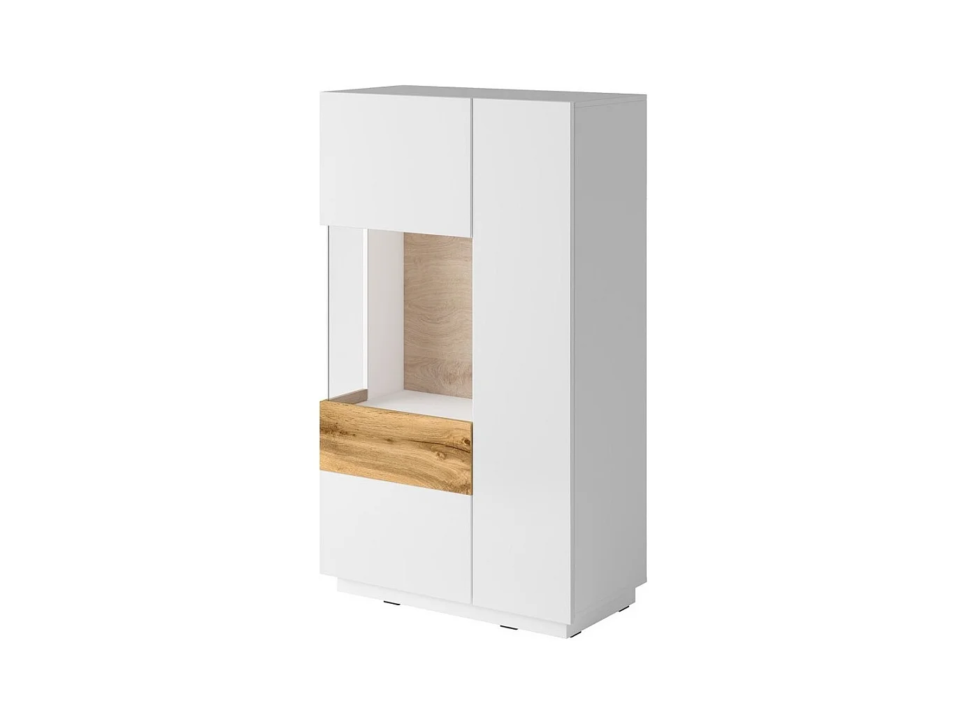 Buffet haut avec LED collection KILES deux portes. Coloris blanc et chêne. Porte vitrée à gauche
