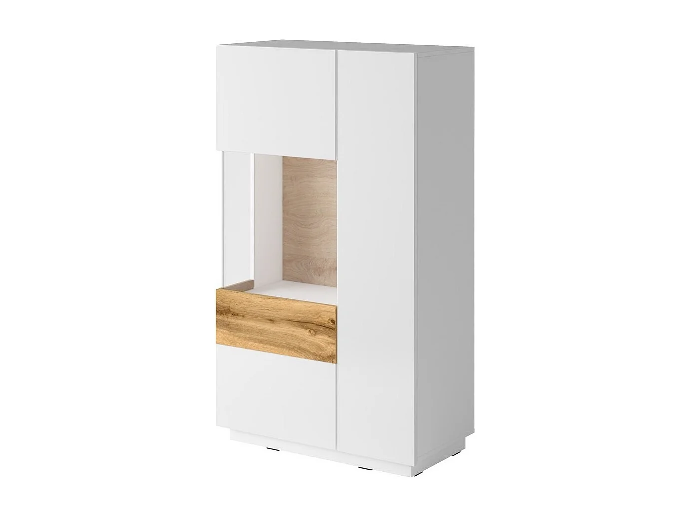 Buffet haut avec LED collection KILES deux portes. Coloris blanc et chêne. Porte vitrée à gauche