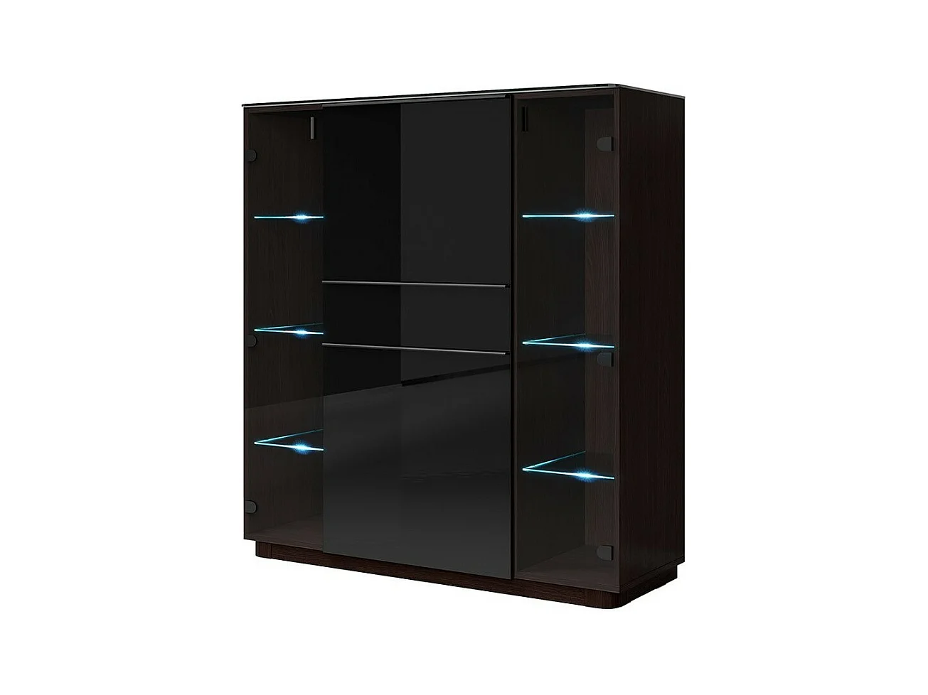 Buffet haut TONGA 123x133x44 cm avec 4 portes en verre et 1 tiroir, coloris wengé