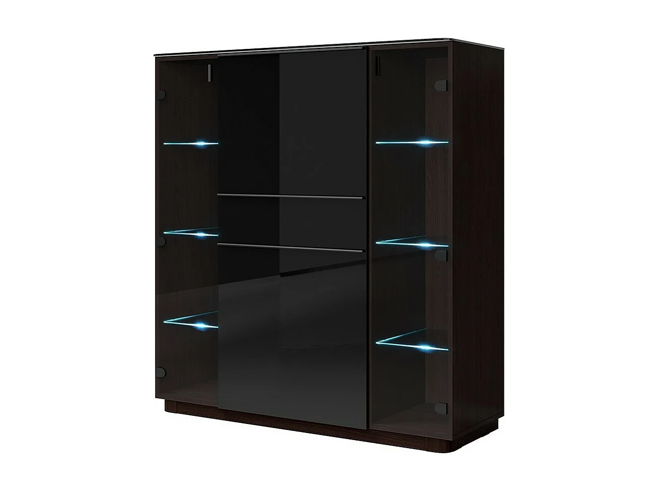 Buffet haut TONGA 123x133x44 cm avec 4 portes en verre et 1 tiroir, coloris wengé