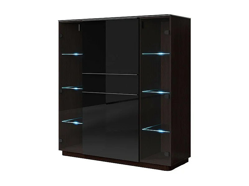 Buffet haut TONGA 123x133x44 cm avec 4 portes en verre et 1 tiroir, coloris wengé