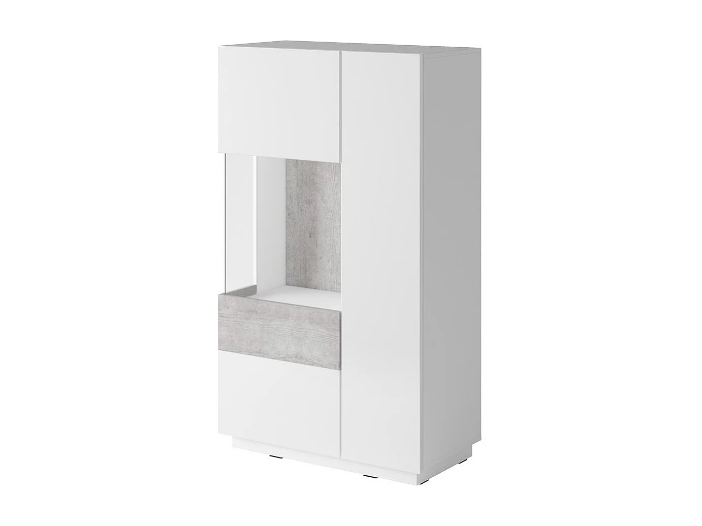 Buffet haut avec LED collection KILES deux portes. Coloris blanc et gris béton. Porte vitrée à gauche