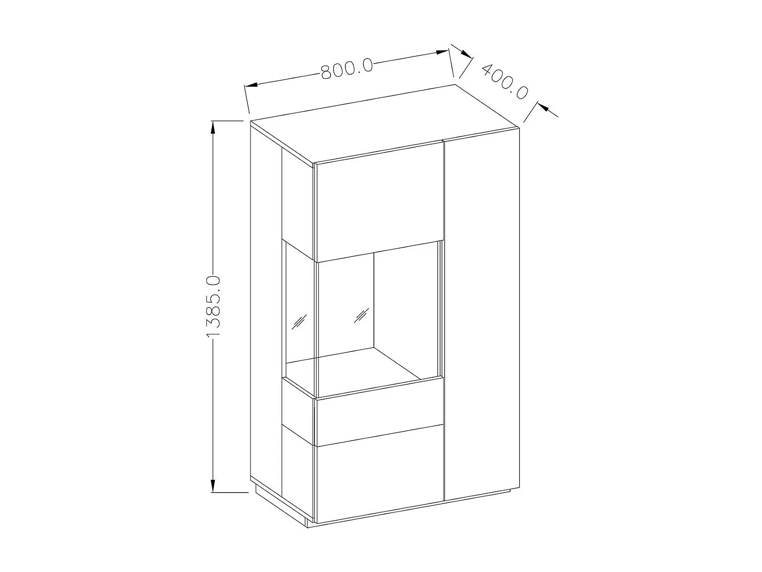 Buffet haut avec LED collection KILES deux portes. Coloris blanc et gris béton. Porte vitrée à gauche