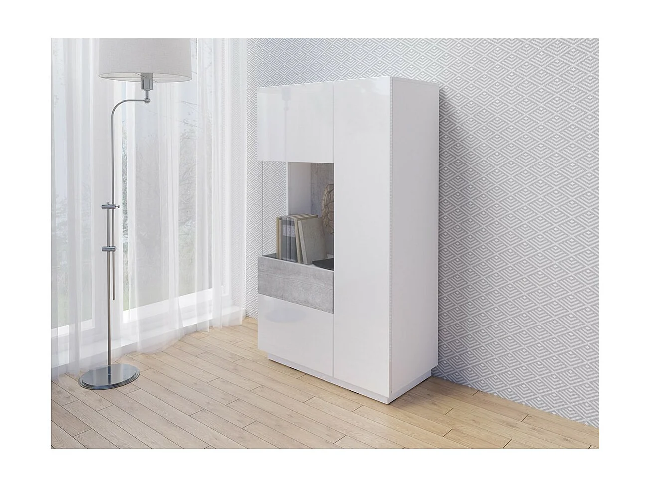 Buffet haut avec LED collection KILES deux portes. Coloris blanc et gris béton. Porte vitrée à gauche