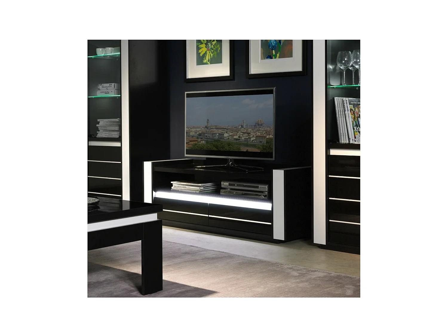 Mobile TV LINA nero e bianco con LED – 143 x 50 x 52 cm