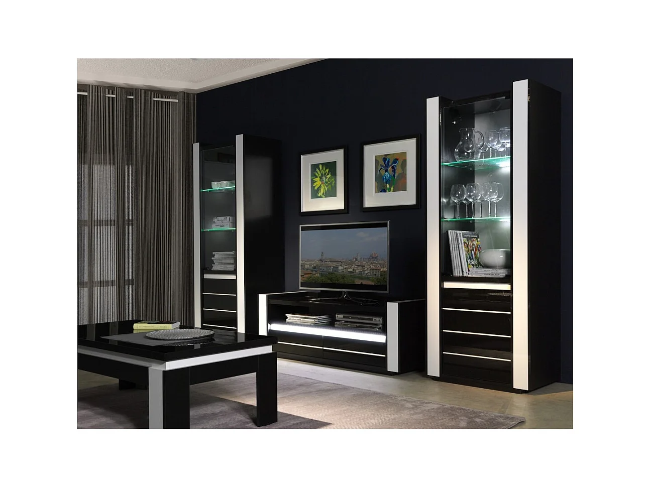 Móvel para TV LINA preto e branco brilhante + LED