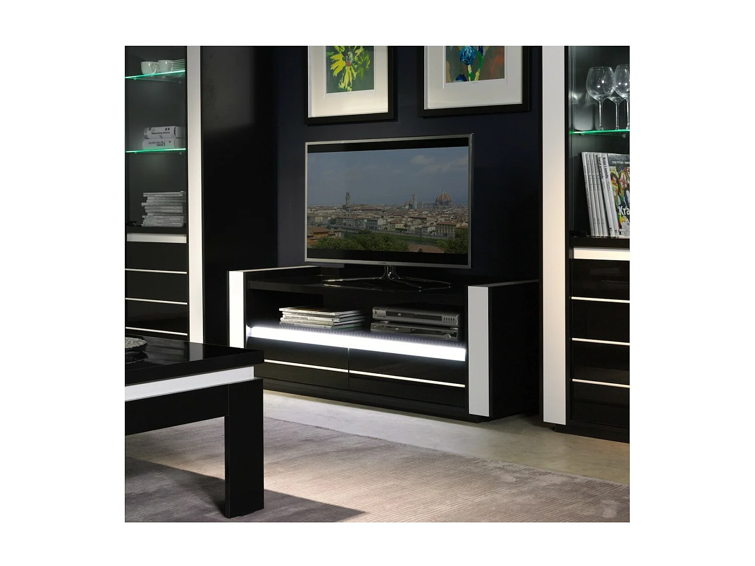 Meuble TV LINA noir et blanc avec LED – 143 x 50 x 52 cm
