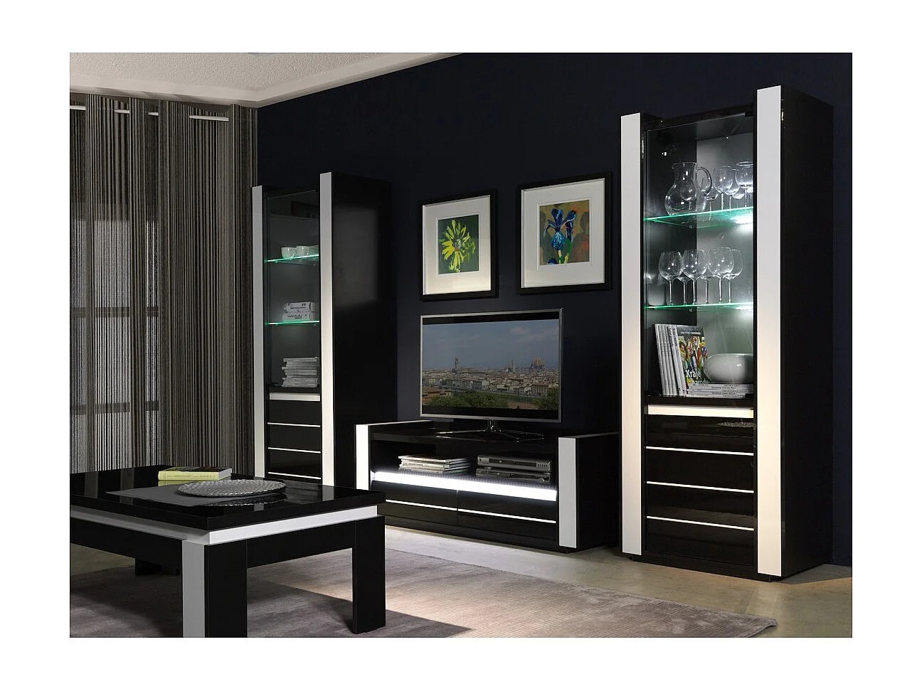 Meuble TV LINA noir et blanc avec LED – 143 x 50 x 52 cm