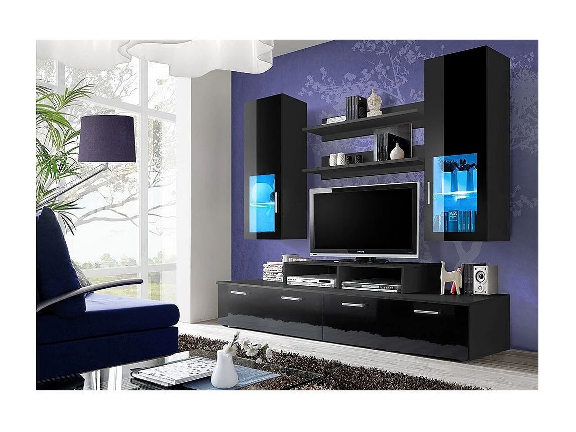 Meuble TV Mural 200cm Design. Collection MINI coloris noir.