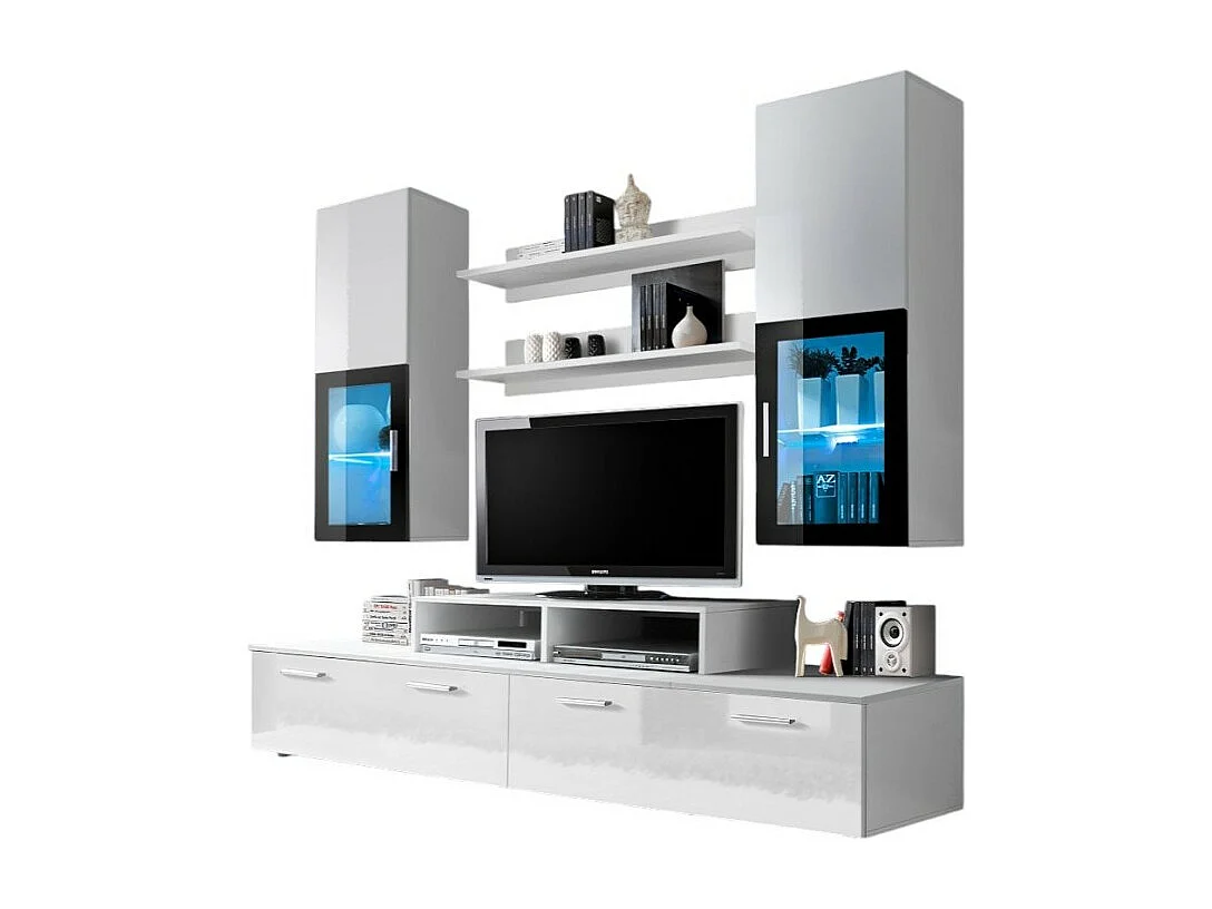 Meuble TV Mural 200cm Design. Collection MINI coloris blanc.