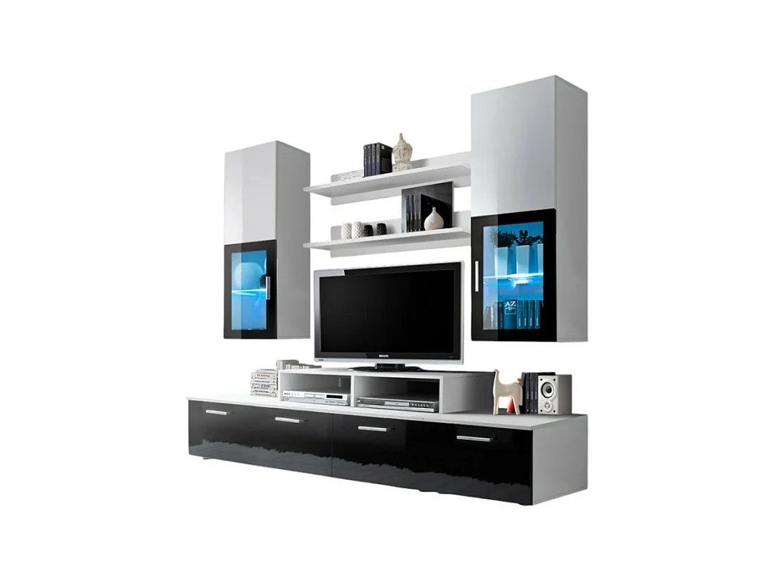 Meuble TV Mural 200cm Design. Collection MINI coloris blanc et noir