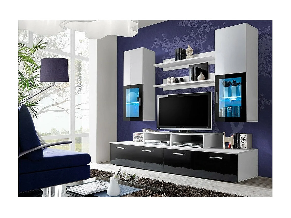 Meuble TV Mural 200cm Design. Collection MINI coloris blanc et noir