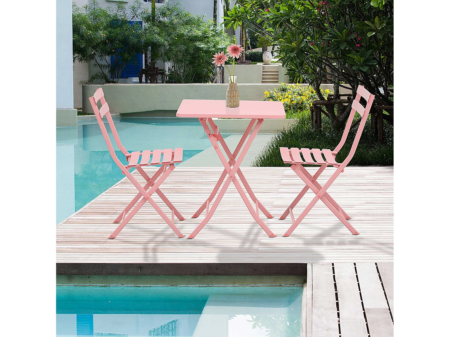 Salon de jardin bistro pliable - table carrée dim. 60L x 60l x 71H cm avec 2 chaises - métal thermolaqué rose