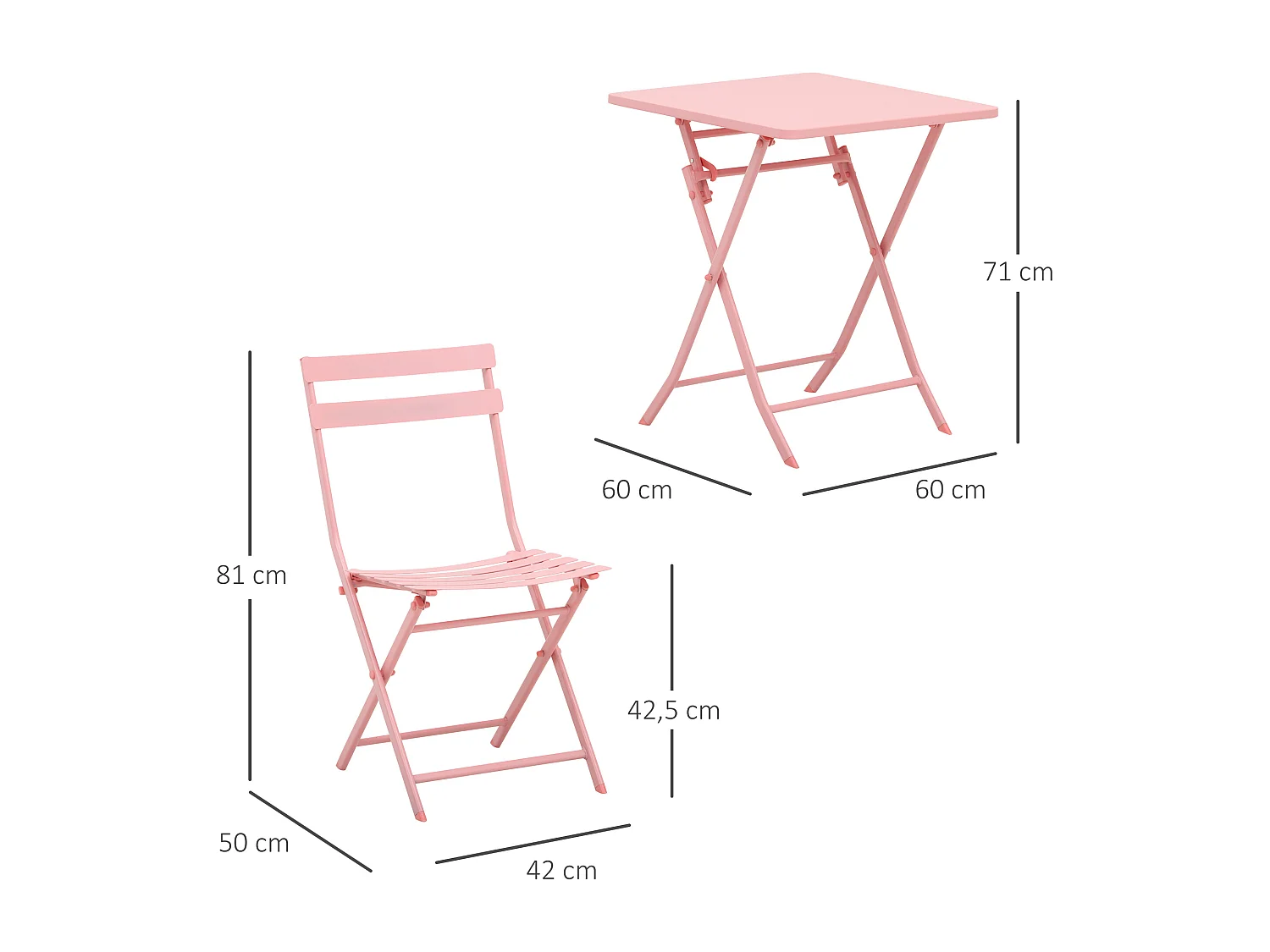 Salon de jardin bistro pliable - table carrée dim. 60L x 60l x 71H cm avec 2 chaises - métal thermolaqué rose