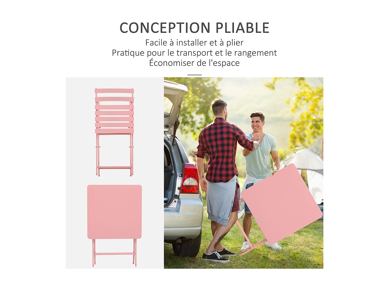 Salon de jardin bistro pliable - table carrée dim. 60L x 60l x 71H cm avec 2 chaises - métal thermolaqué rose