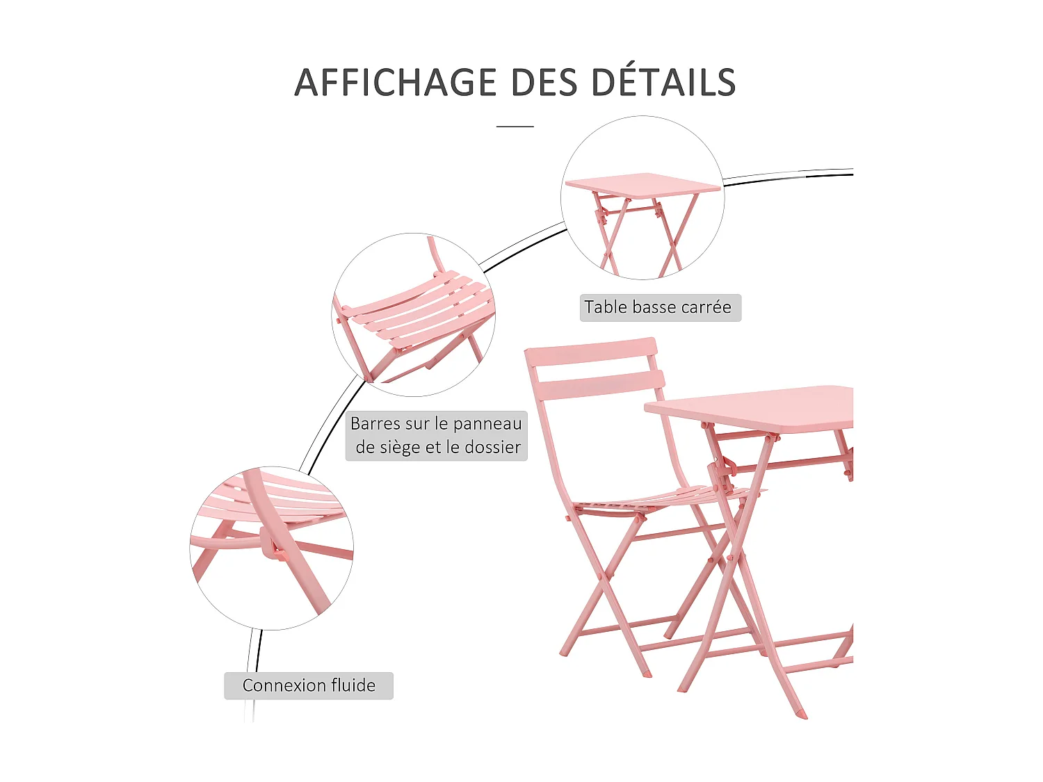 Salon de jardin bistro pliable - table carrée dim. 60L x 60l x 71H cm avec 2 chaises - métal thermolaqué rose