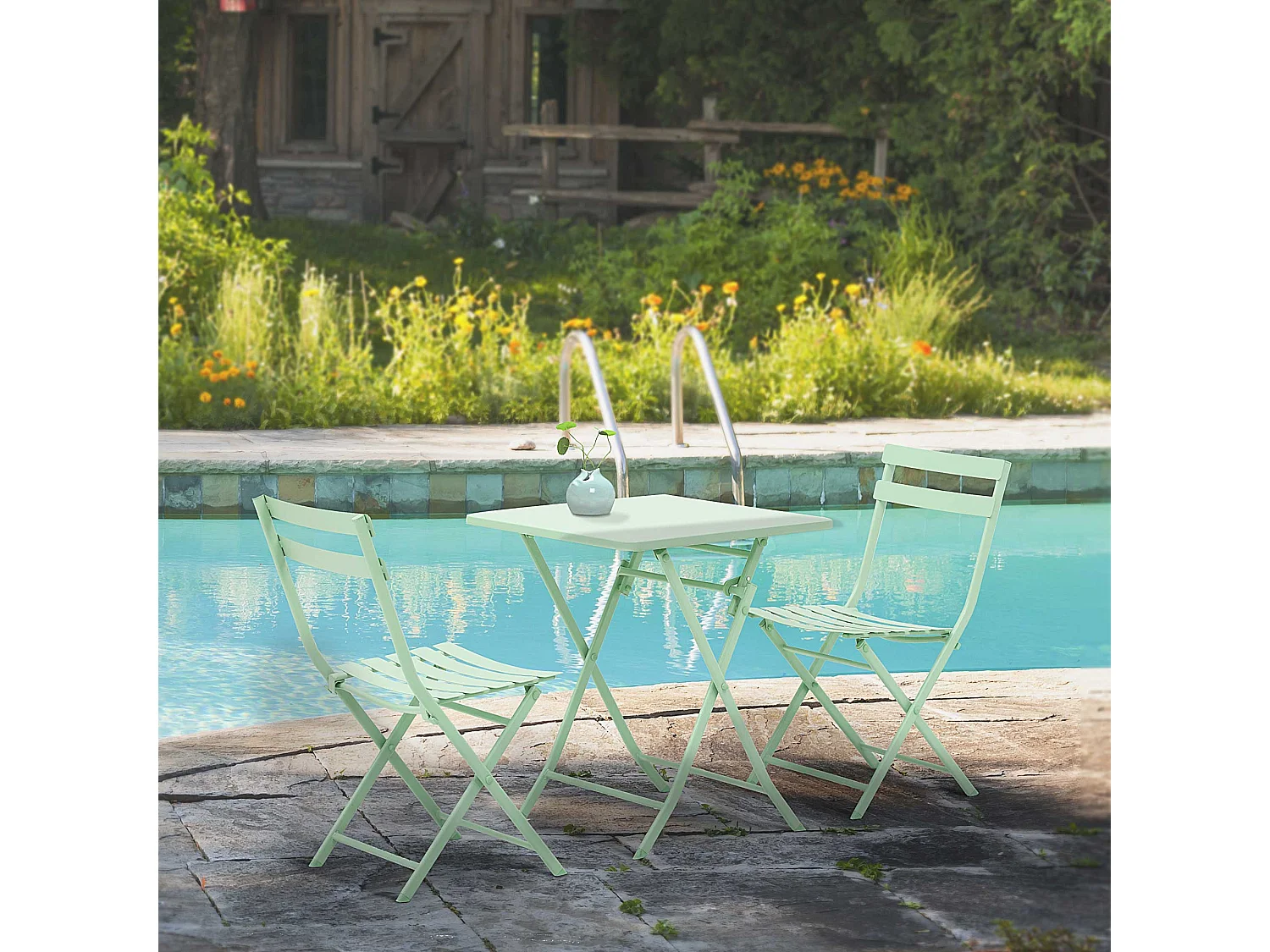 Salon de jardin bistro pliable - table carrée dim. 60L x 60l x 71H cm avec 2 chaises - métal thermolaqué vert d'eau