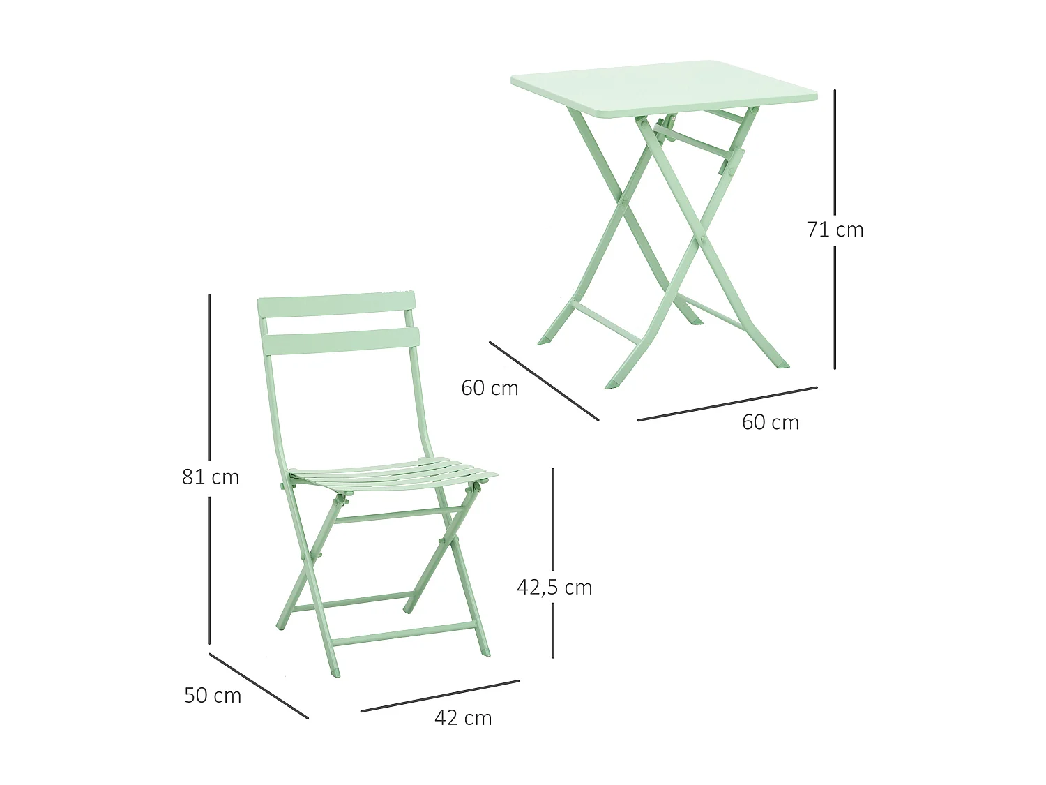Salon de jardin bistro pliable - table carrée dim. 60L x 60l x 71H cm avec 2 chaises - métal thermolaqué vert d'eau