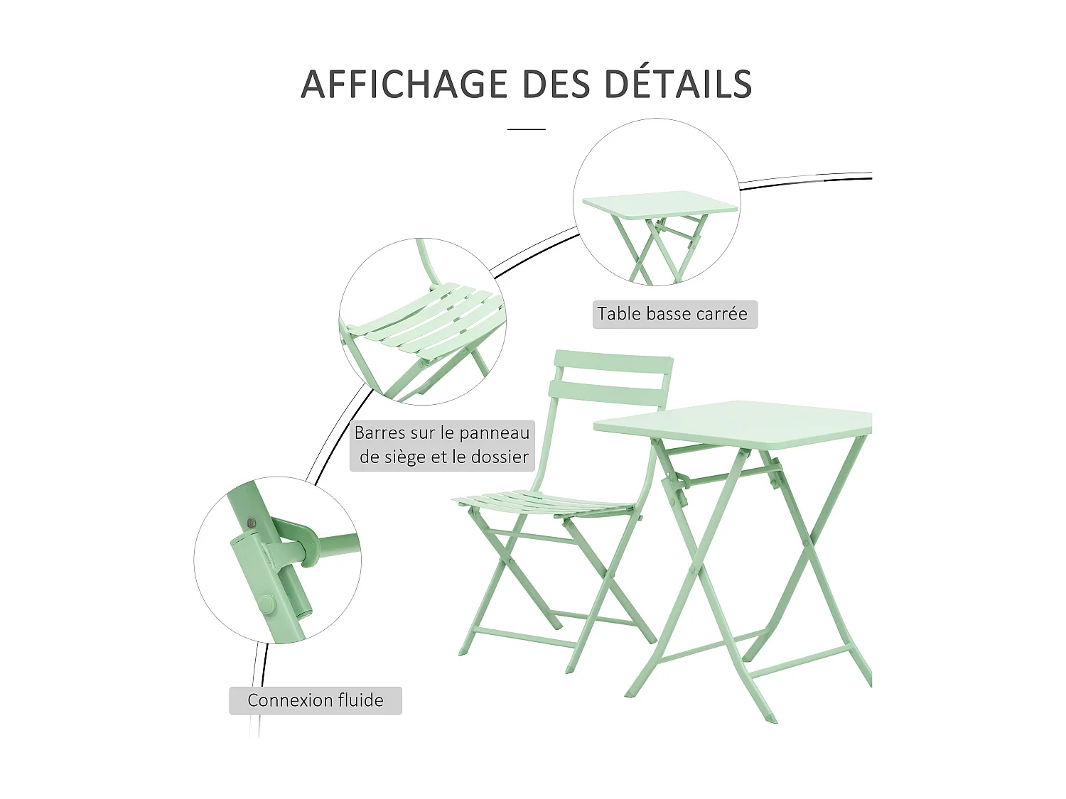 Salon de jardin bistro pliable - table carrée dim. 60L x 60l x 71H cm avec 2 chaises - métal thermolaqué vert d'eau