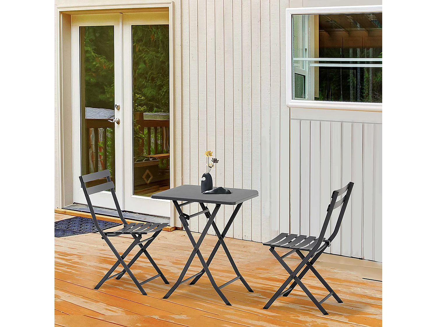 Salon de jardin bistro pliable - table carrée dim. 60L x 60l x 71H cm avec 2 chaises - métal thermolaqué gris