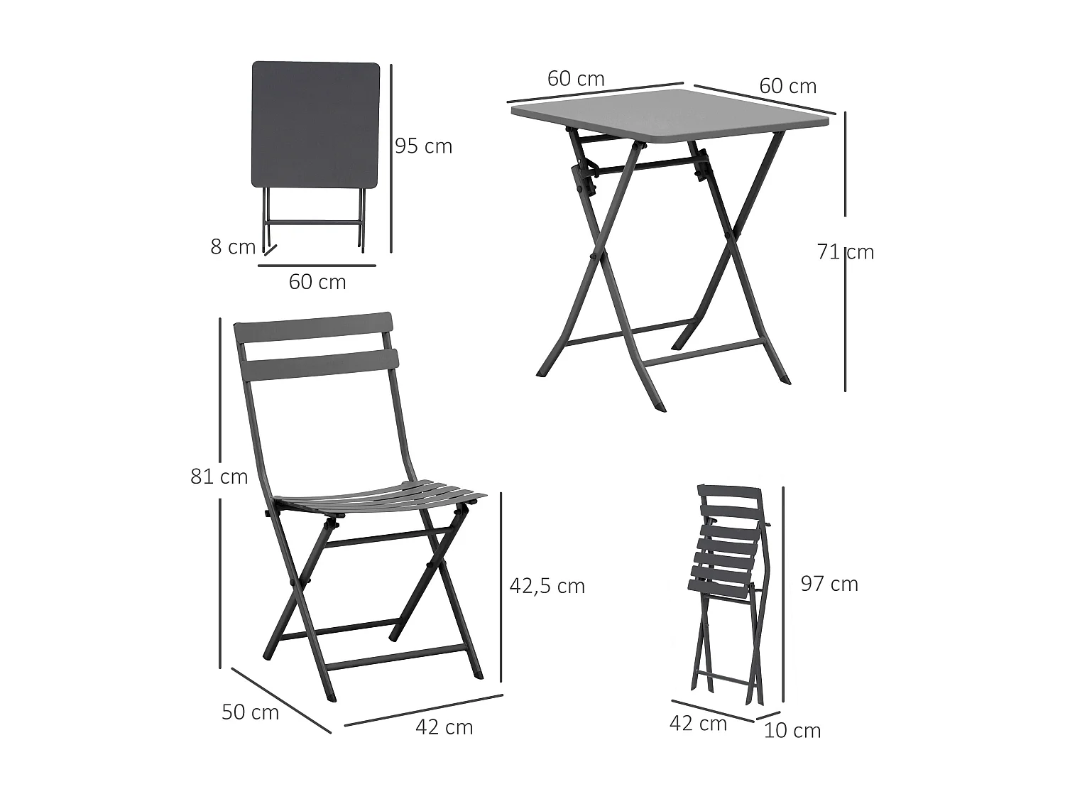 Salon de jardin bistro pliable - table carrée dim. 60L x 60l x 71H cm avec 2 chaises - métal thermolaqué gris