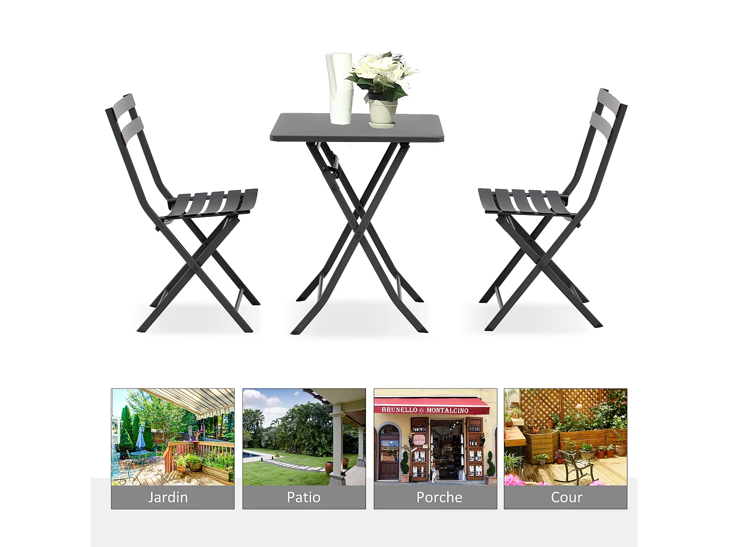 Salon de jardin bistro pliable - table carrée dim. 60L x 60l x 71H cm avec 2 chaises - métal thermolaqué gris