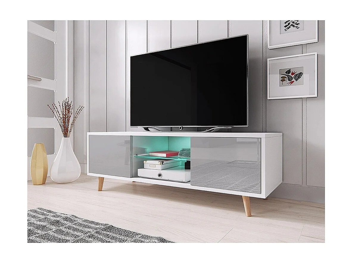 Meuble TV design EDEN 140 cm, 2 portes et 2 niches, coloris blanc et gris + LED. Type scandinave.