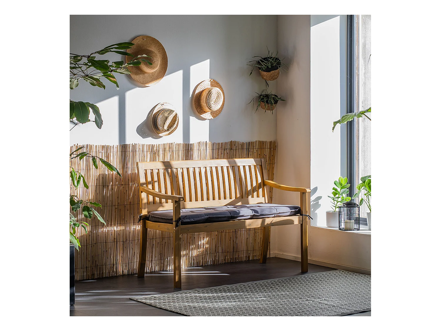 Panca in acacia SIMILAN - cuscini grigi