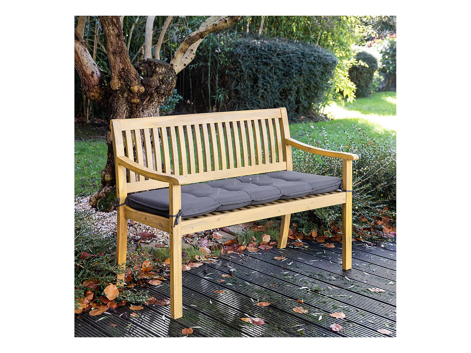 Banc en acacia SIMILAN - coussins gris - HAPPY GARDEN