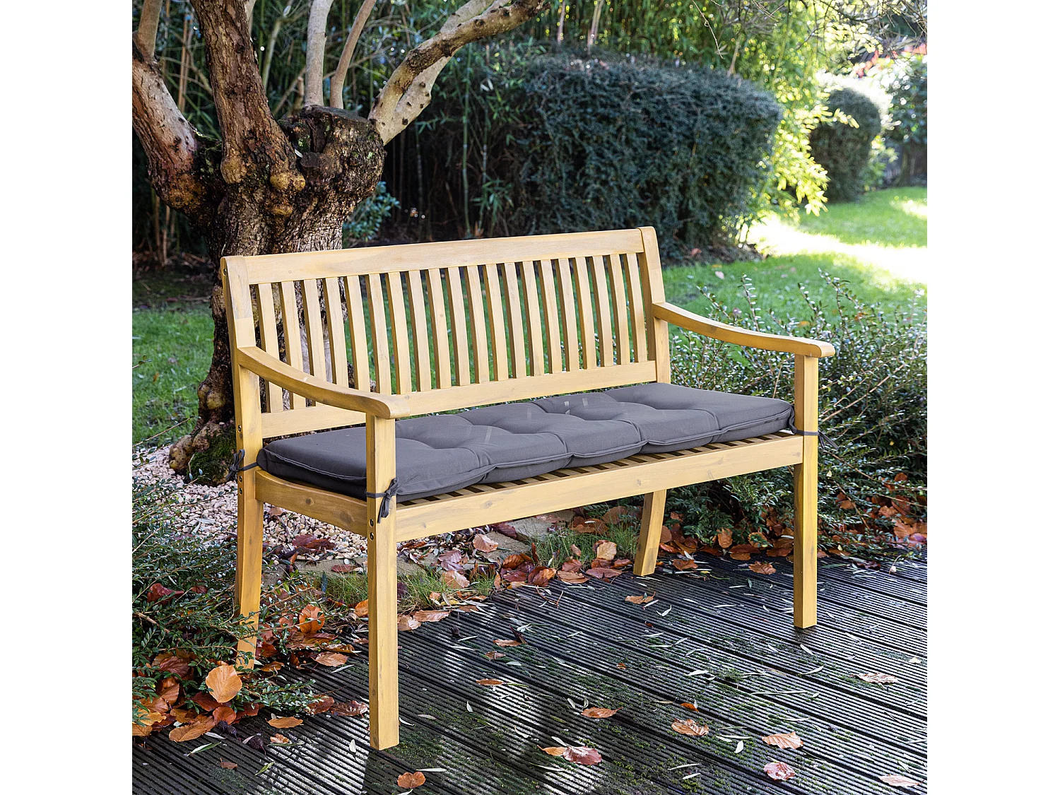 Banc en acacia SIMILAN - coussins gris - HAPPY GARDEN