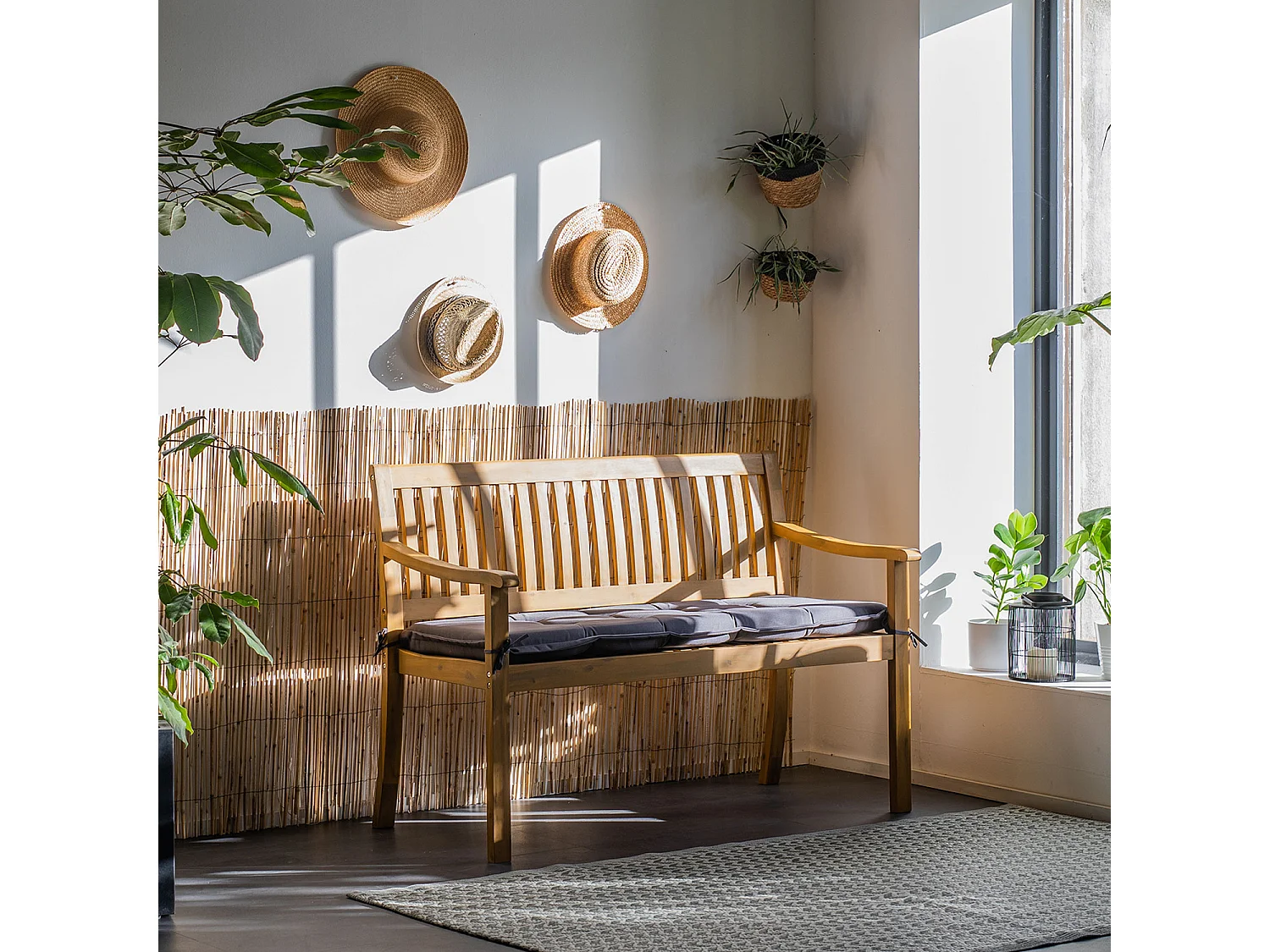 Banc en acacia SIMILAN - coussins gris - HAPPY GARDEN