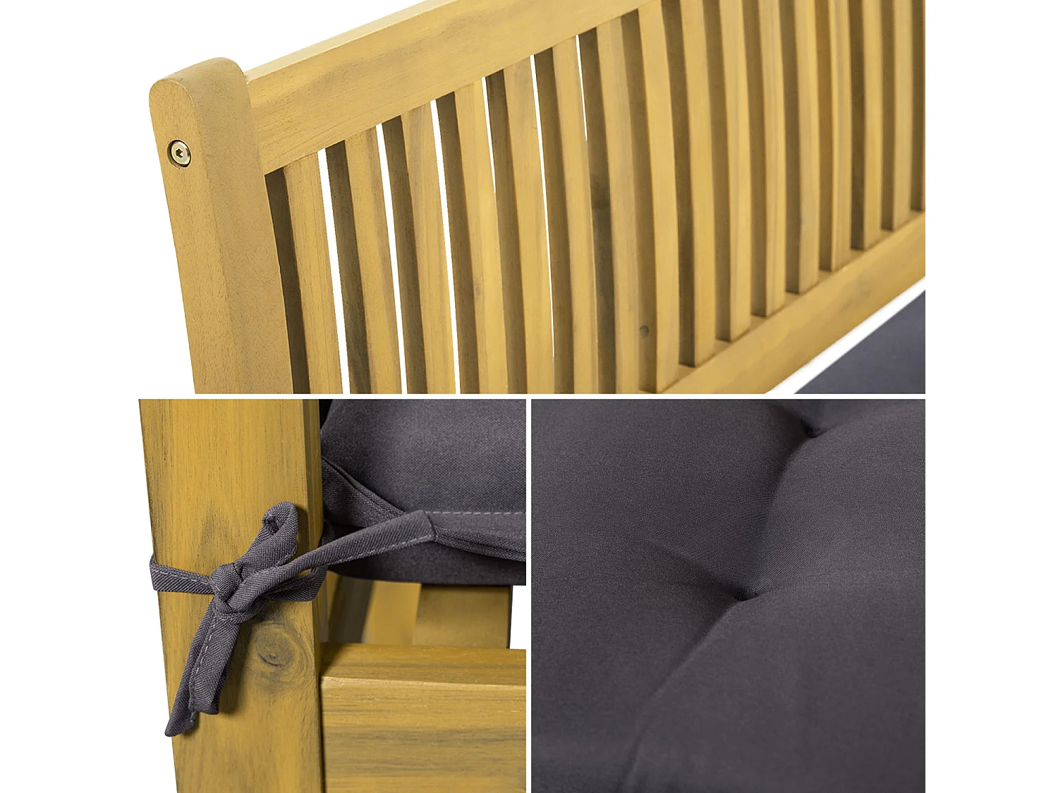 Banc en acacia SIMILAN - coussins gris - HAPPY GARDEN