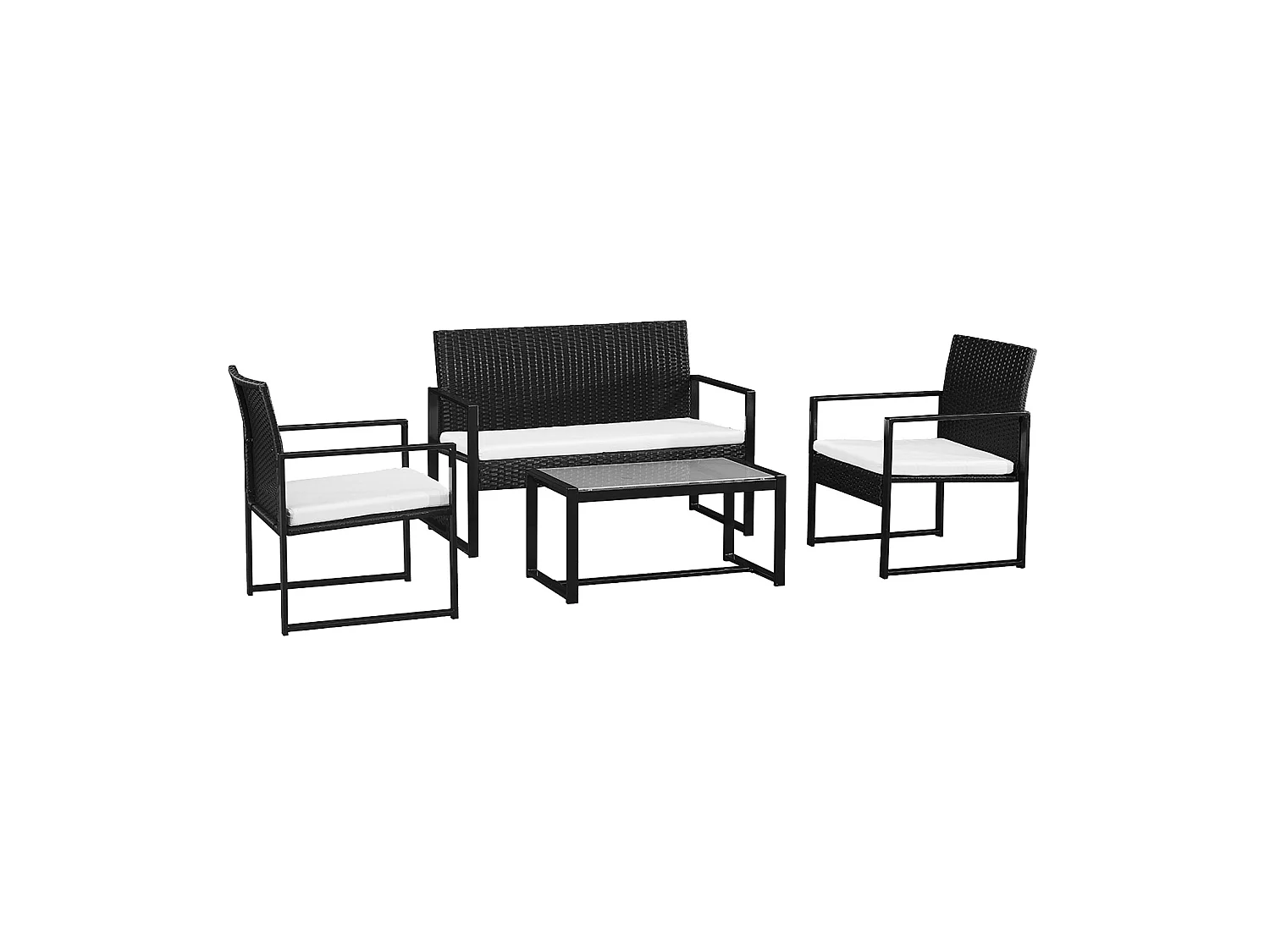 MAJORQUE tuinmeubelset in zwart gevlochten kunststof - ivoorkleurige kussens