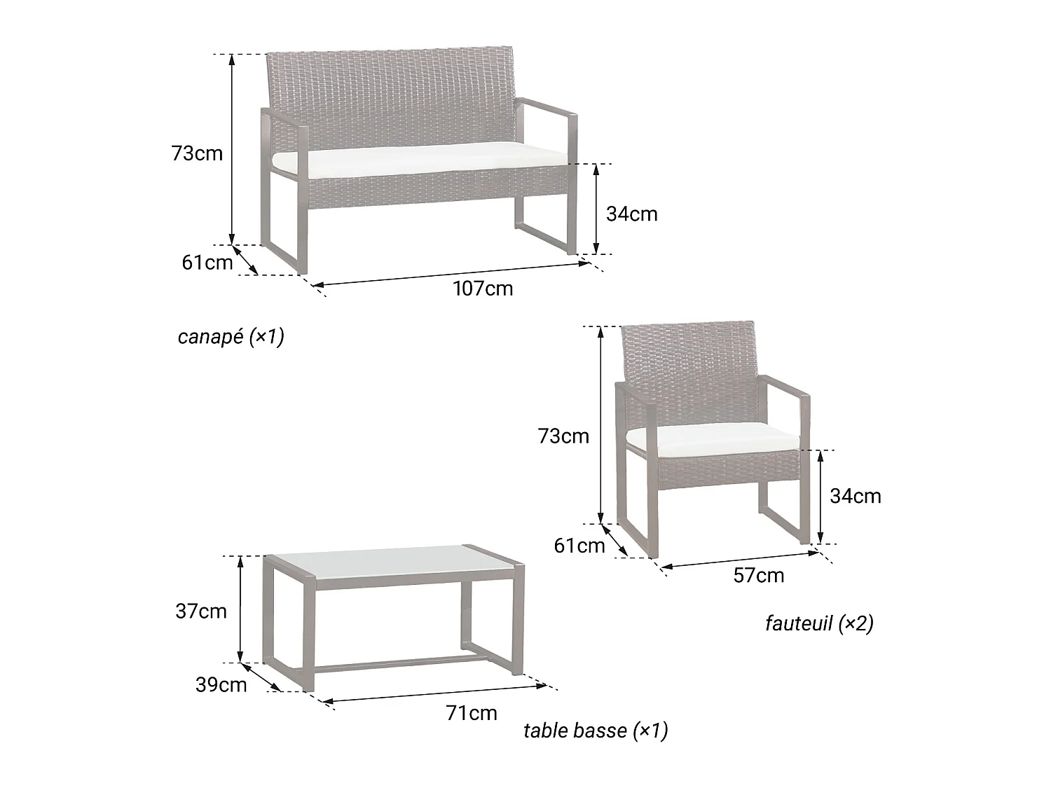 Set di mobili da giardino MAJORQUE in resina intrecciata nera - 4 posti - cuscini crema