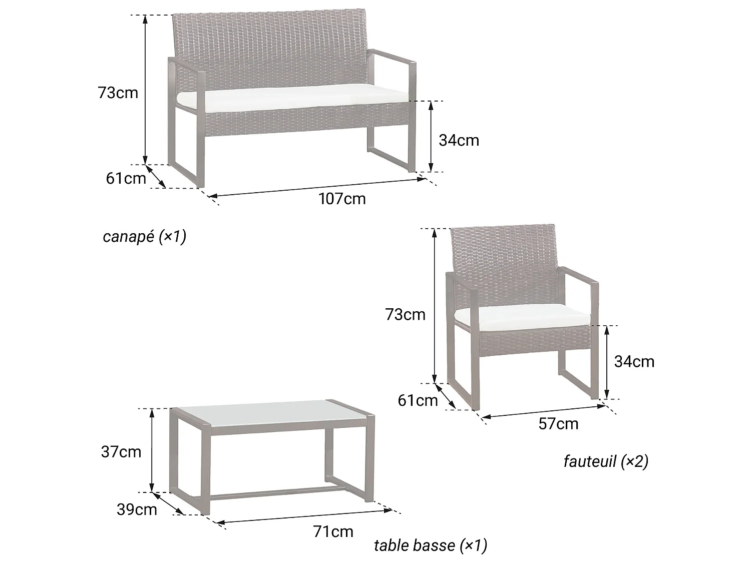 Salon de jardin MAJORQUE en résine tressée noir 4 places - coussins ivoire - HAPPY GARDEN