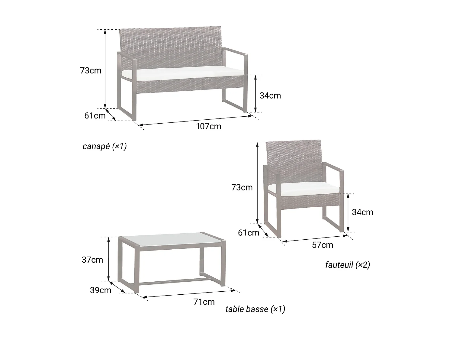 Salon de jardin MAJORQUE en résine tressée noir 4 places - coussins ivoire - HAPPY GARDEN