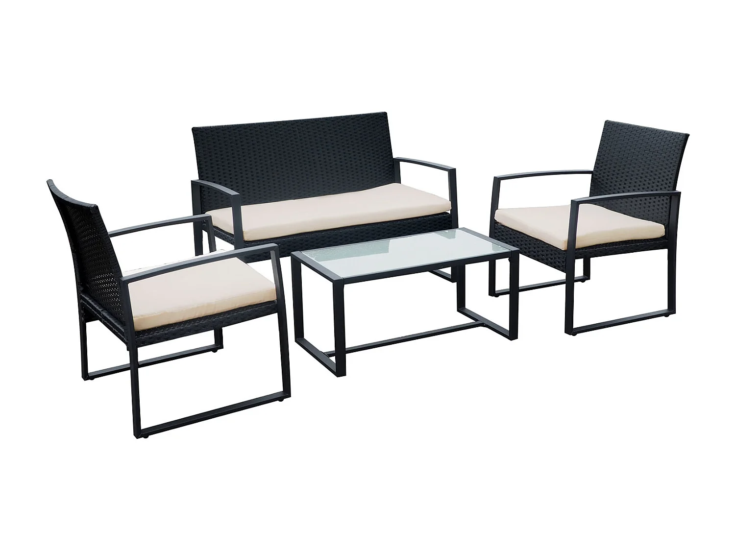 Salon de jardin MAJORQUE en résine tressée noir 4 places - coussins ivoire - HAPPY GARDEN