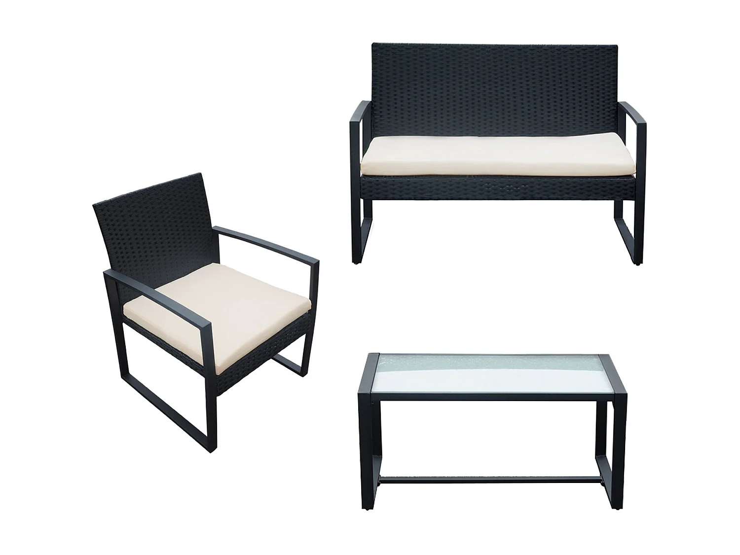 Set di mobili da giardino MAJORQUE in resina intrecciata nera - 4 posti - cuscini crema