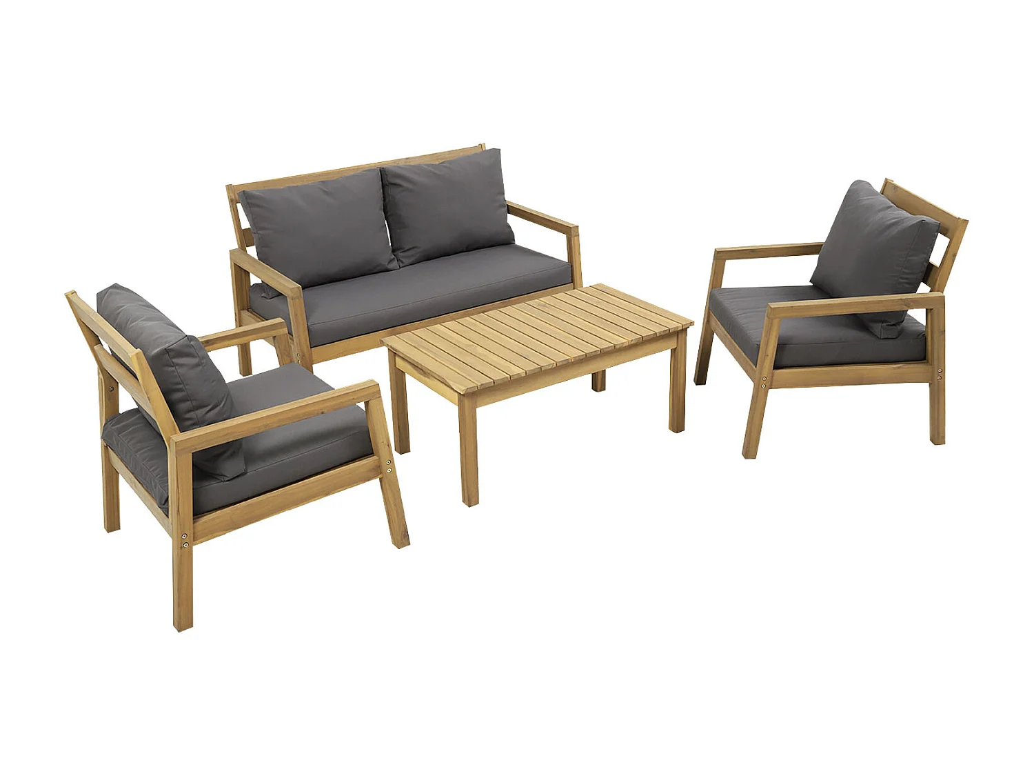 Salon de jardin ARUBA en acacia 4 places - coussins gris - HAPPY GARDEN