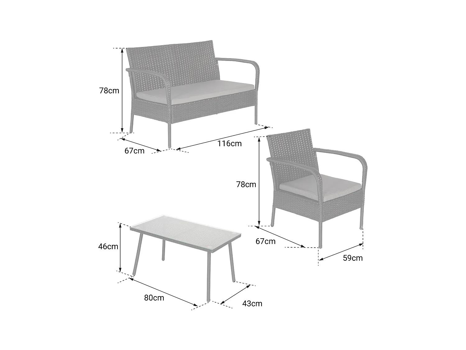 LIPARI tuinmeubelset in zwart gevlochten kunststof - grijze kussens