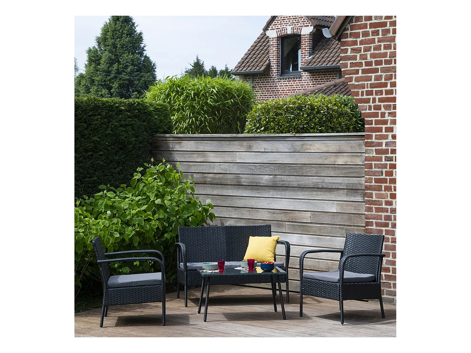 LIPARI tuinmeubelset in zwart gevlochten kunststof - grijze kussens