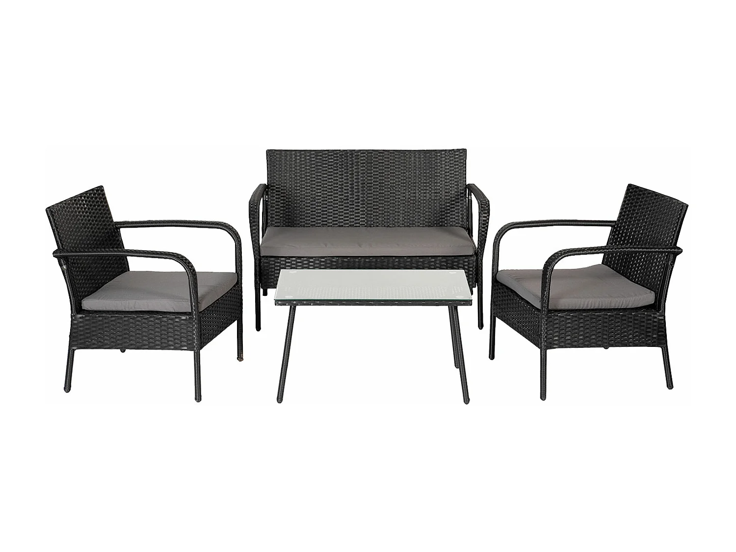 Salon de jardin LIPARI en résine tressée noir 4 places - coussins gris - HAPPY GARDEN