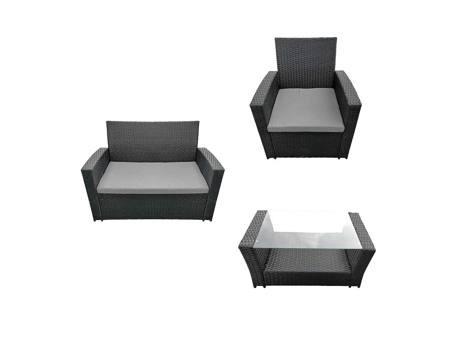 COMINO tuinmeubelset in zwart gevlochten kunststof 4 zitplaatsen - grijze kussens